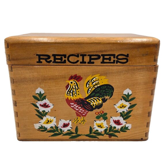 Vintage Norcrest Rooster Floral Wooden Recipe Box Japan Cracked Read - Picture 1 of 9